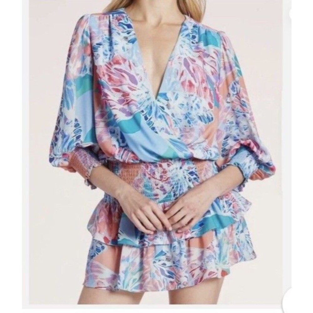 Amanda Uprichard Dress Womens L Abstract Butterfly Smocked Mini Ruffle Boho